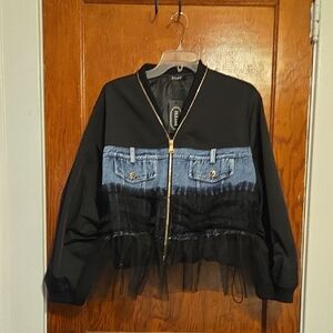 Chic Black Nylon & Denim Bomber Jacket With Tulle Accents - ONE SIZE